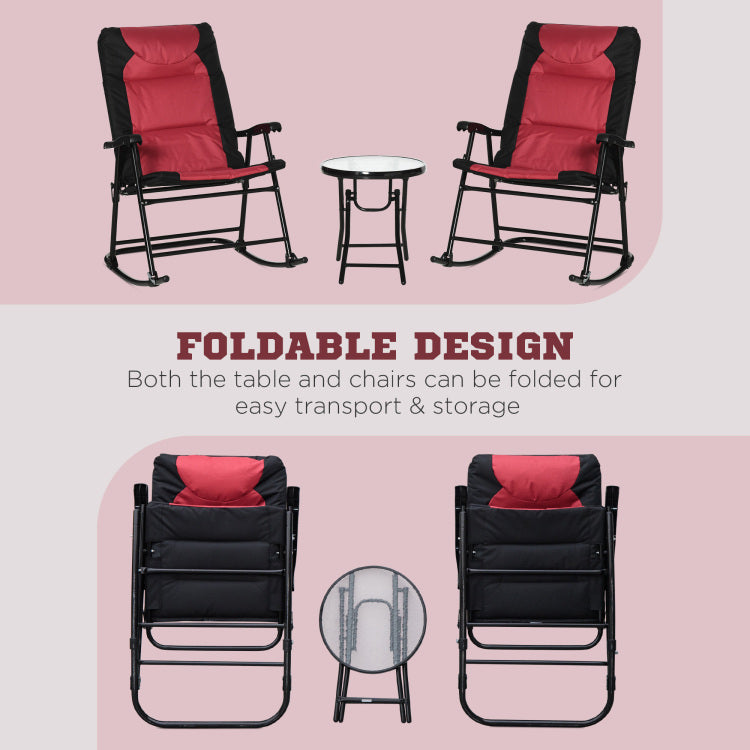 3 Piece Outdoor Patio Furniture Set With Glass Coffee Table & 2 Folding Padded Rocking Chairs, Bistro Style For Porch, Camping, Balcony, Red