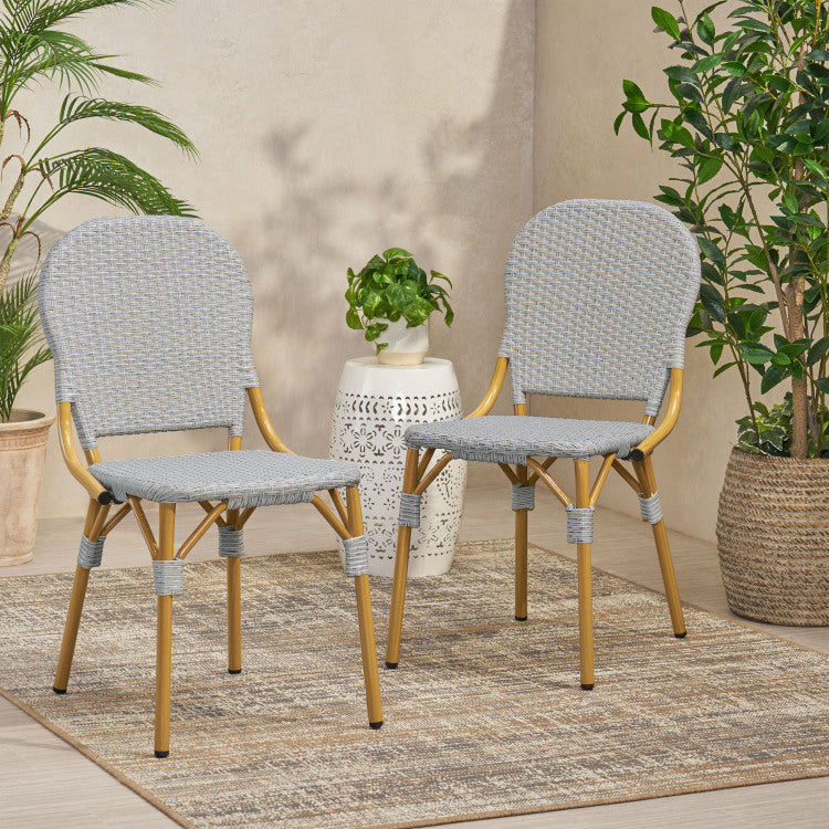 Outdoor Pe Rattan And Aluminum Armless French Bistro Chairs, Set Of 2, Gray And Bamboo Finish