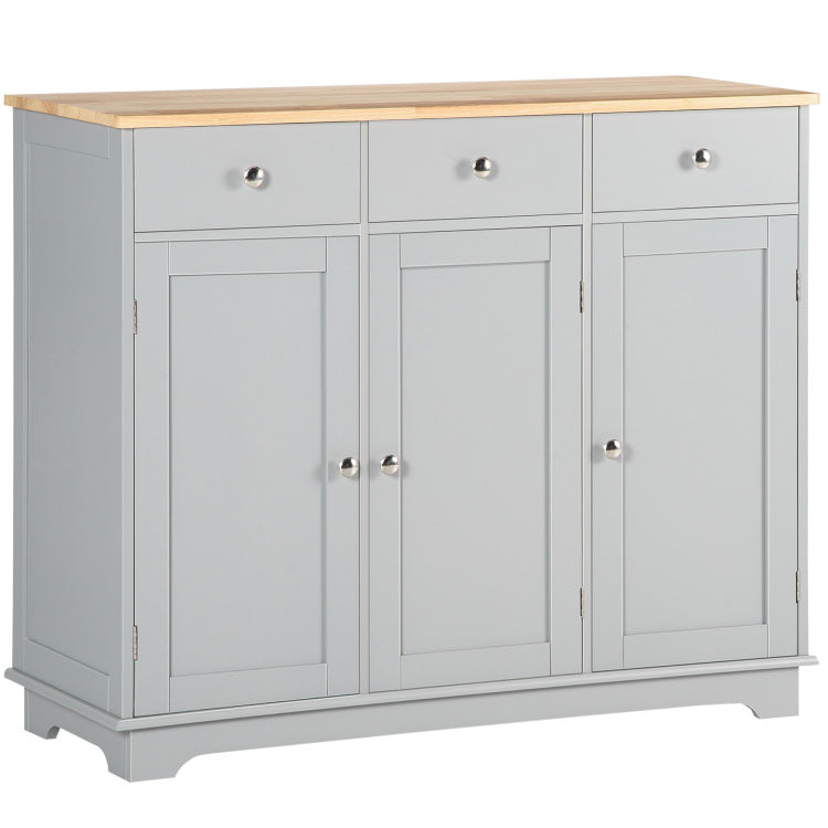 Sideboard Buffet Cabinet With Drawers, Kitchen Cabinet, Coffee Bar Cabinet With Rubberwood Top And Adjustable Shelves For Living Room, Kitchen, Gray