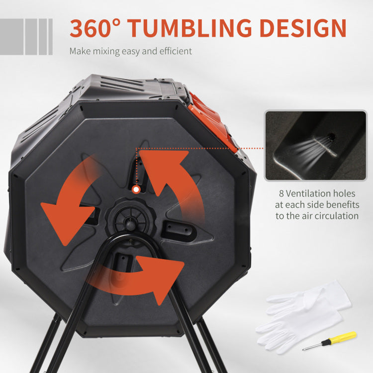Tumbling Compost Bin Outdoor 360 Dual Chamber Rotating Composter 43 Gallon, Orange