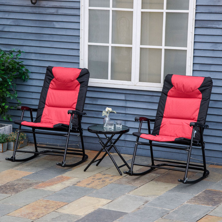 3 Piece Outdoor Patio Furniture Set With Glass Coffee Table & 2 Folding Padded Rocking Chairs, Bistro Style For Porch, Camping, Balcony, Red