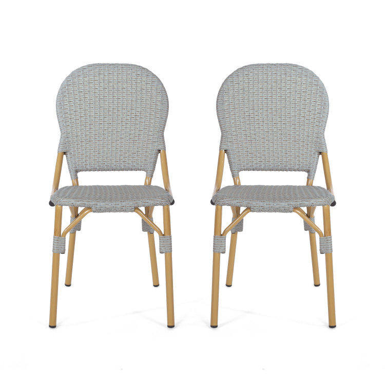 Outdoor Pe Rattan And Aluminum Armless French Bistro Chairs, Set Of 2, Gray And Bamboo Finish