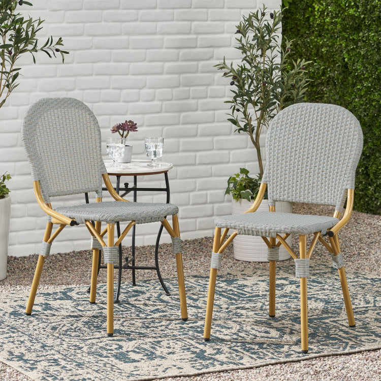 Outdoor Pe Rattan And Aluminum Armless French Bistro Chairs, Set Of 2, Gray And Bamboo Finish