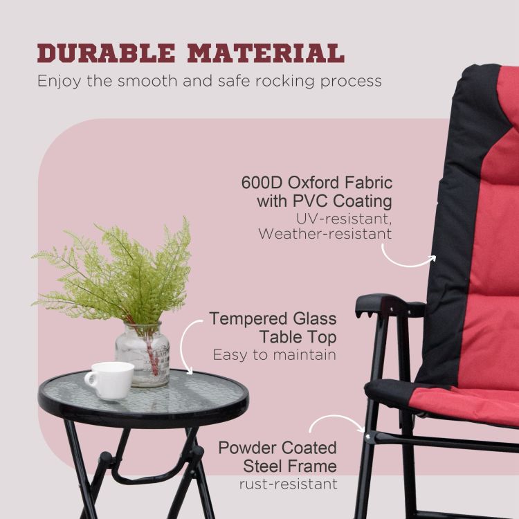 3 Piece Outdoor Patio Furniture Set With Glass Coffee Table & 2 Folding Padded Rocking Chairs, Bistro Style For Porch, Camping, Balcony, Red