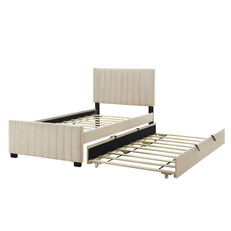 Twin Size Velvet Upholstered Platform Bed With Twin Size Trundle, Beige