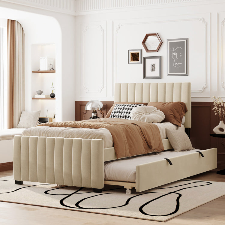 Twin Size Velvet Upholstered Platform Bed With Twin Size Trundle, Beige