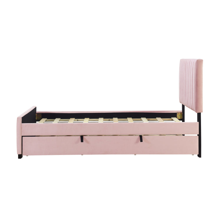 Twin Size Velvet Upholstered Platform Bed With Twin Size Trundle, Pink