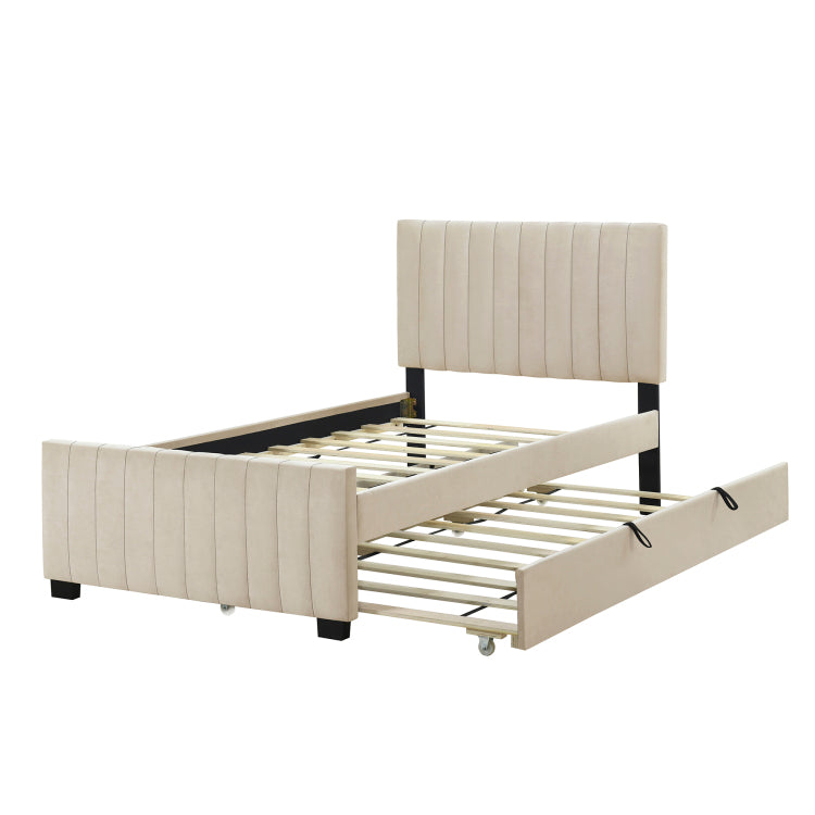 Twin Size Velvet Upholstered Platform Bed With Twin Size Trundle, Beige
