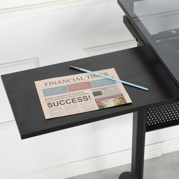 Hand Crank Adjustable Drafting Table Drawing Desk With 2 Metal Drawers Black With Stool