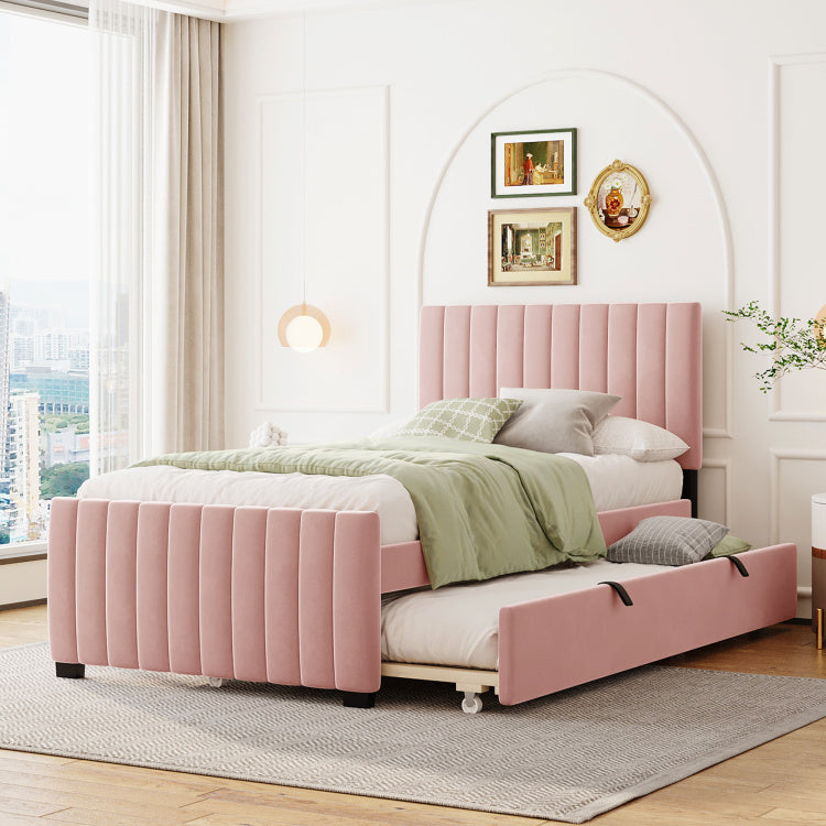 Twin Size Velvet Upholstered Platform Bed With Twin Size Trundle, Pink