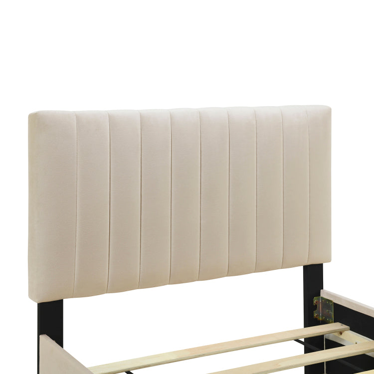 Twin Size Velvet Upholstered Platform Bed With Twin Size Trundle, Beige
