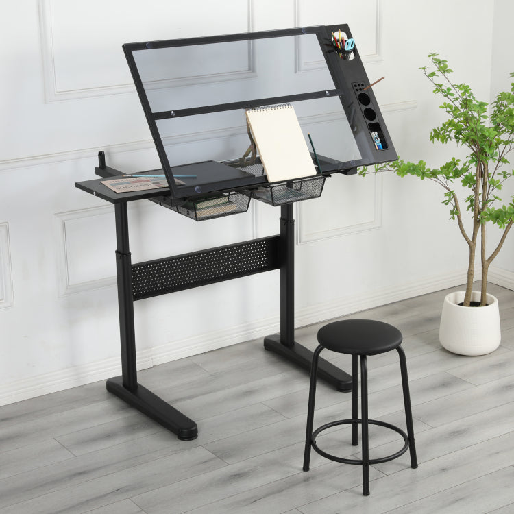 Hand Crank Adjustable Drafting Table Drawing Desk With 2 Metal Drawers Black With Stool