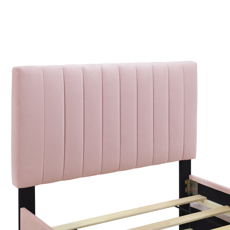 Twin Size Velvet Upholstered Platform Bed With Twin Size Trundle, Pink