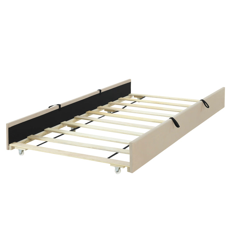 Twin Size Velvet Upholstered Platform Bed With Twin Size Trundle, Beige