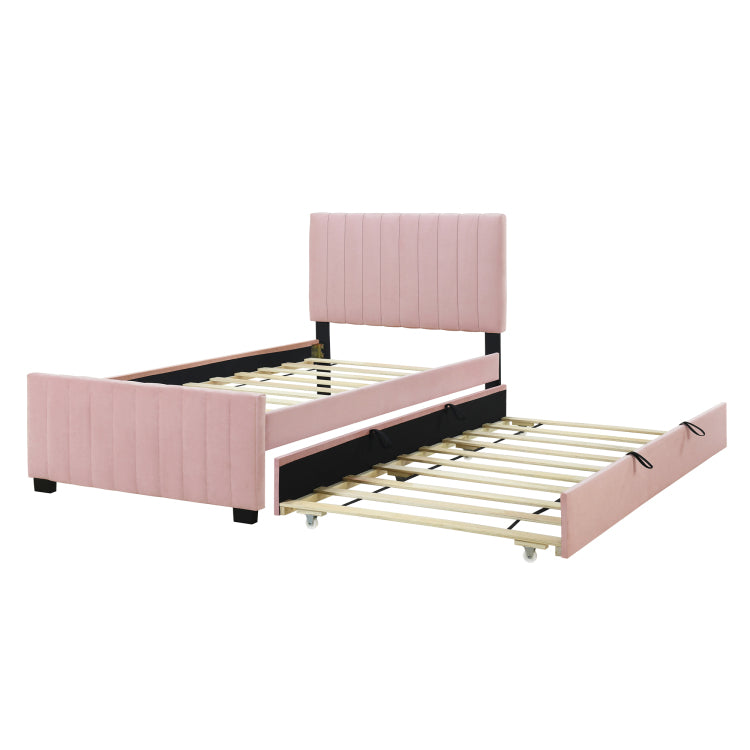 Twin Size Velvet Upholstered Platform Bed With Twin Size Trundle, Pink