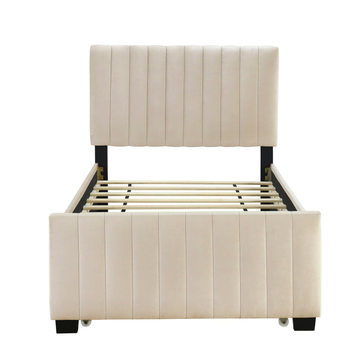 Twin Size Velvet Upholstered Platform Bed With Twin Size Trundle, Beige