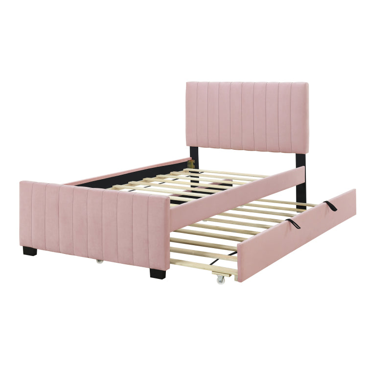 Twin Size Velvet Upholstered Platform Bed With Twin Size Trundle, Pink