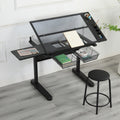 Hand Crank Adjustable Drafting Table Drawing Desk With 2 Metal Drawers Black With Stool