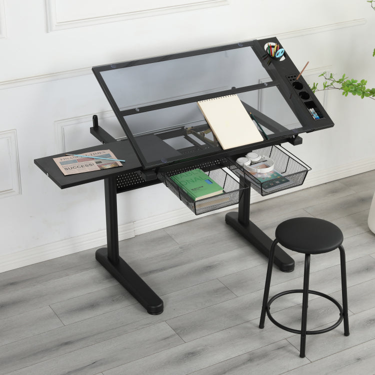 Hand Crank Adjustable Drafting Table Drawing Desk With 2 Metal Drawers Black With Stool