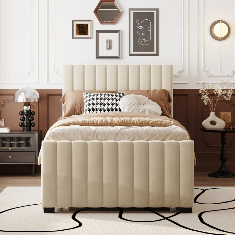Twin Size Velvet Upholstered Platform Bed With Twin Size Trundle, Beige