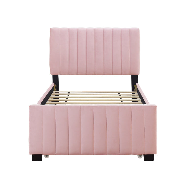 Twin Size Velvet Upholstered Platform Bed With Twin Size Trundle, Pink