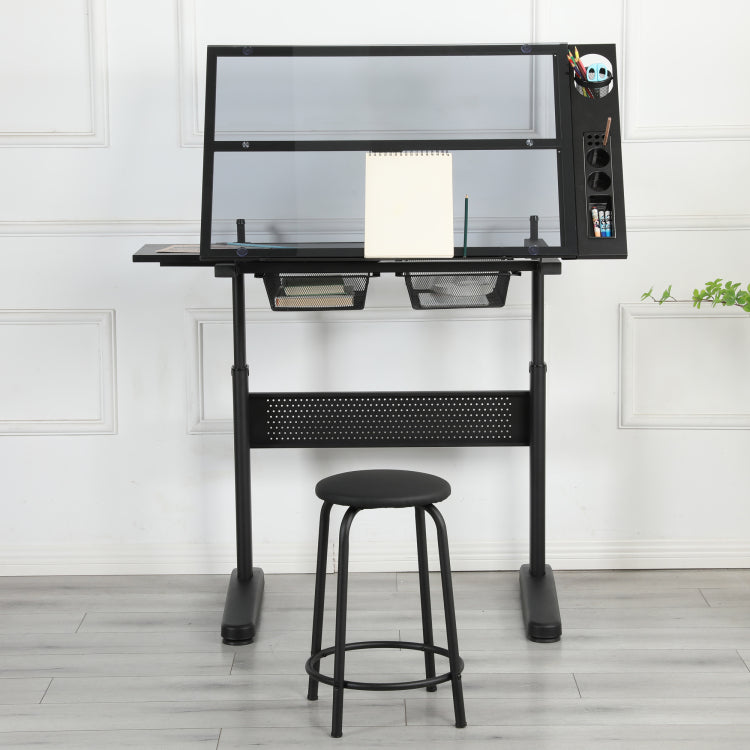 Hand Crank Adjustable Drafting Table Drawing Desk With 2 Metal Drawers Black With Stool