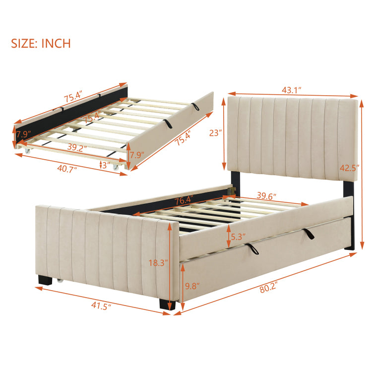 Twin Size Velvet Upholstered Platform Bed With Twin Size Trundle, Beige
