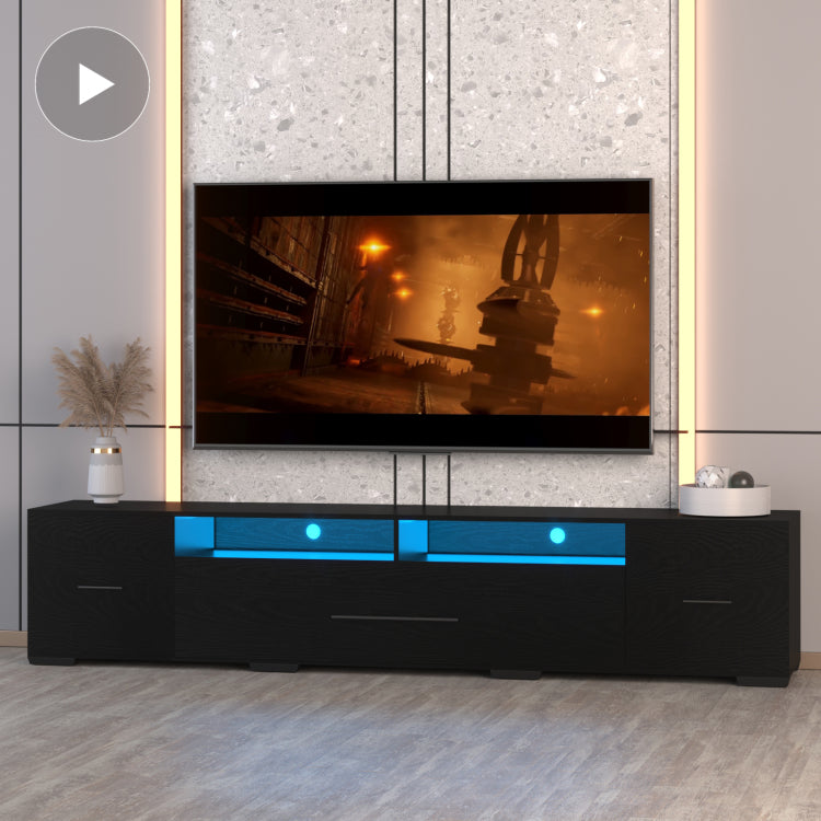 Video Tv Console With Storage Cabinets, Remote, App Control Long Led Tv Stand, Full Rgb Color Selection, 31 Modes Changing Lights Modern Entertainment Center With Power Cord Black, For 80 Inches
