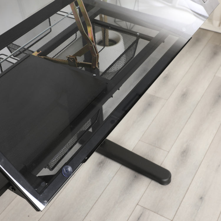 Hand Crank Adjustable Drafting Table Drawing Desk With 2 Metal Drawers Black With Stool