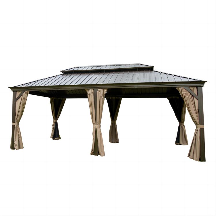 12'X20' Hardtop Gazebo, Outdoor Aluminum Frame Canopy With Galvanized Steel Double Roof, Outdoor Permanent Metal Pavilion With Curtains And Netting For Patio,Backyard And Lawn Brown