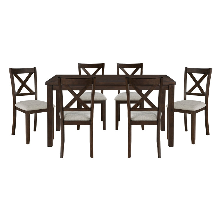 Dark Chery Finish Wooden Dining Set 7Pc Dining Table And Beige Side Chairs Transitional Kitchen Breakfast Furniture Set