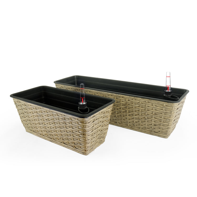 2 Pack Smart Self Watering Rectangle Planter For Indoor And Outdoor Hand Woven Wicker Brown
