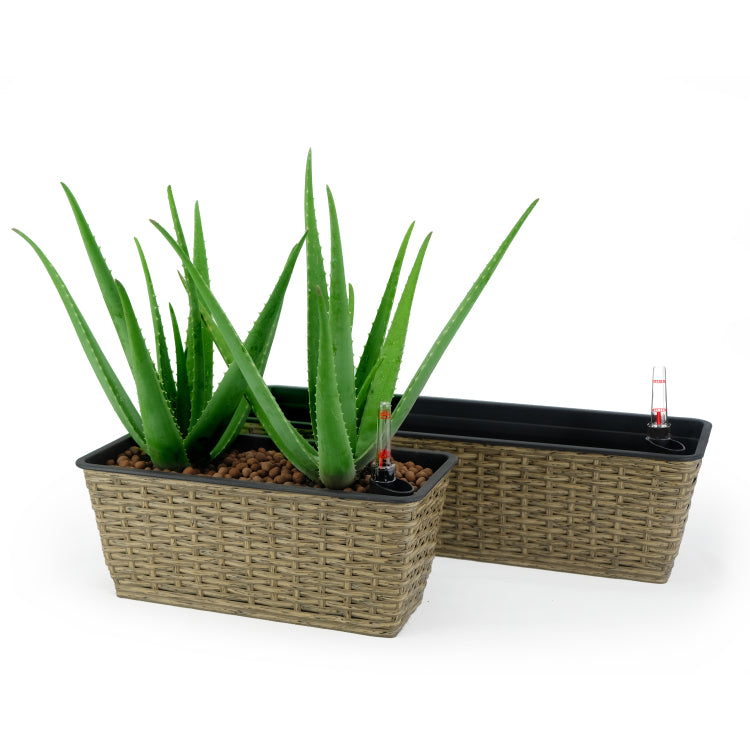 2 Pack Smart Self Watering Rectangle Planter For Indoor And Outdoor Hand Woven Wicker Brown
