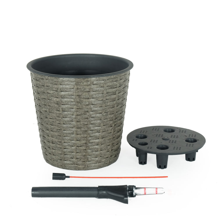 10.2" Self Watering Wicker Decor Planter For Indoor And Outdoor Round Grey