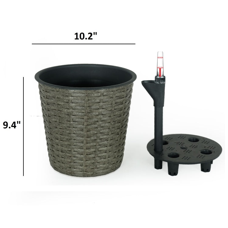 10.2" Self Watering Wicker Decor Planter For Indoor And Outdoor Round Grey