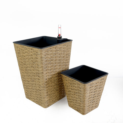 2 Pack Smart Self Watering Square Planter For Indoor And Outdoor Hand Woven Wicker Brown