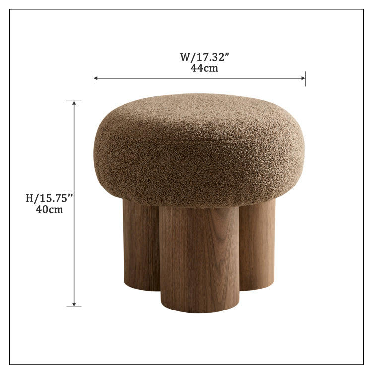 W8017 1 Mushroom Stool, Brown Lamb Wool Seat, Barrel Pvc Pipe With Walnut Veneer