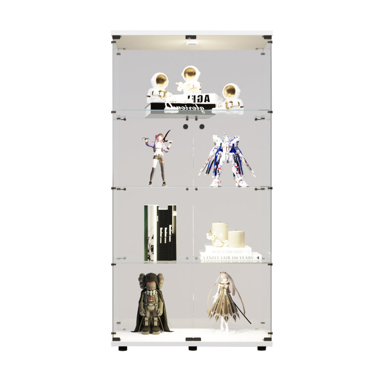 Two Door Led Lights Glass Display Cabinet 4 Shelves With Door, Floor Standing Curio Bookshelf For Living Room Bedroom Office, 64.7"*31.7"*14.3", White