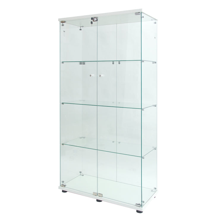 Two Door Led Lights Glass Display Cabinet 4 Shelves With Door, Floor Standing Curio Bookshelf For Living Room Bedroom Office, 64.7"*31.7"*14.3", White