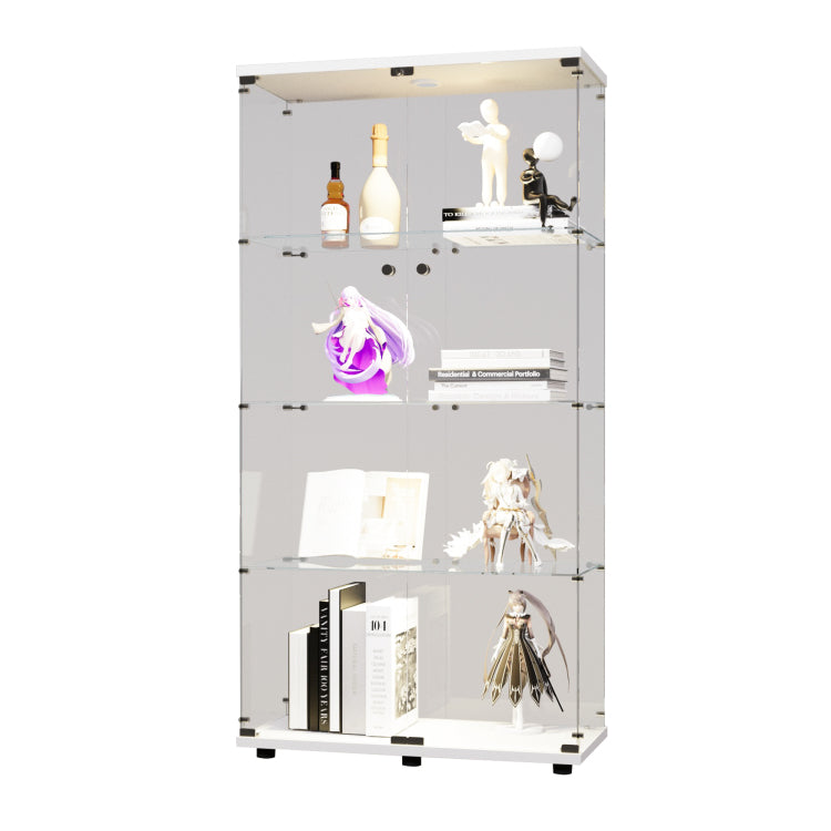 Two Door Led Lights Glass Display Cabinet 4 Shelves With Door, Floor Standing Curio Bookshelf For Living Room Bedroom Office, 64.7"*31.7"*14.3", White