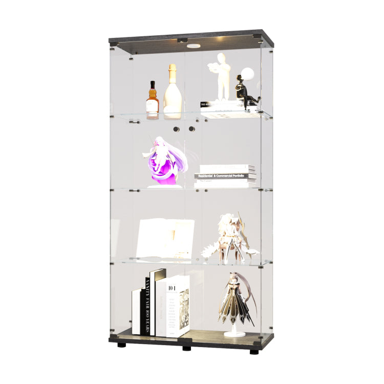 Two Door Led Lights Glass Display Cabinet 4 Shelves With Door, Floor Standing Curio Bookshelf For Living Room Bedroom Office, 64.7"*31.7"*14.3",Black