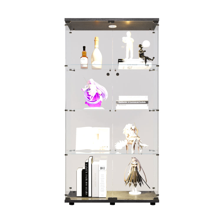 Two Door Led Lights Glass Display Cabinet 4 Shelves With Door, Floor Standing Curio Bookshelf For Living Room Bedroom Office, 64.7"*31.7"*14.3",Black