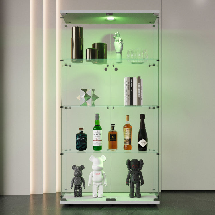 Two Door Led Lights Glass Display Cabinet 4 Shelves With Door, Floor Standing Curio Bookshelf For Living Room Bedroom Office, 64.7"*31.7"*14.3", White