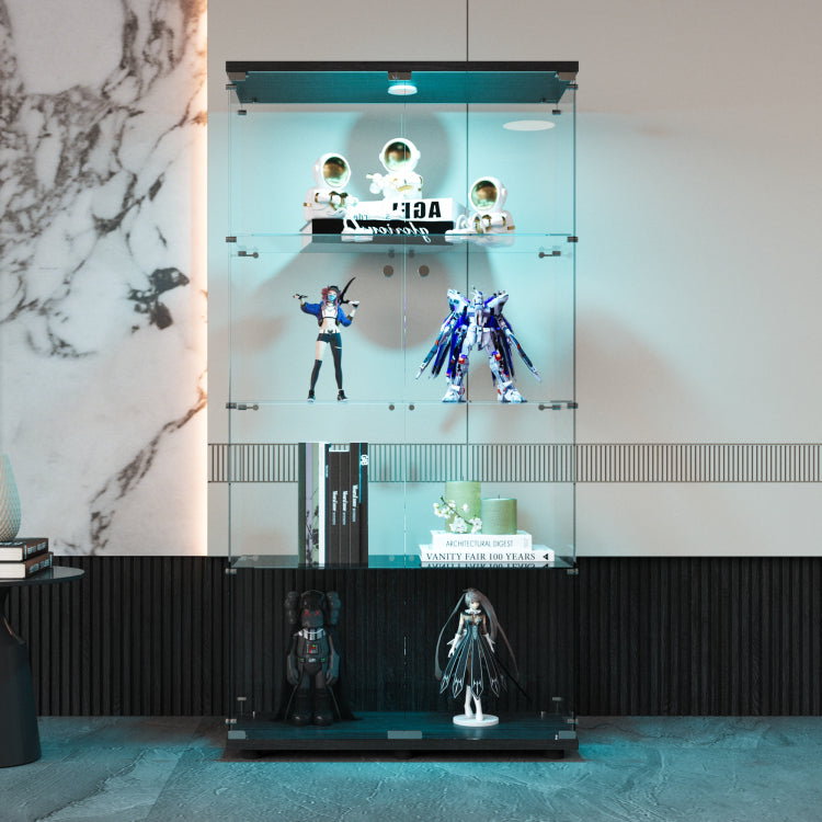 Two Door Led Lights Glass Display Cabinet 4 Shelves With Door, Floor Standing Curio Bookshelf For Living Room Bedroom Office, 64.7"*31.7"*14.3",Black