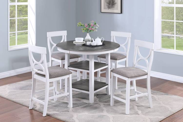 Counter Height Dining Table W Storage Shelve 4X Chairs Padded Seat Unique Design Back 5Pc Dining Set White Color