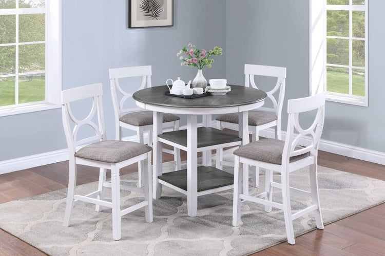 Counter Height Dining Table W Storage Shelve 4X Chairs Padded Seat Unique Design Back 5Pc Dining Set White Color