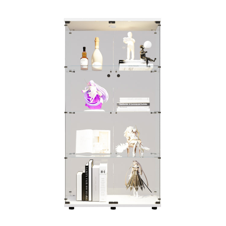 Two Door Led Lights Glass Display Cabinet 4 Shelves With Door, Floor Standing Curio Bookshelf For Living Room Bedroom Office, 64.7"*31.7"*14.3", White