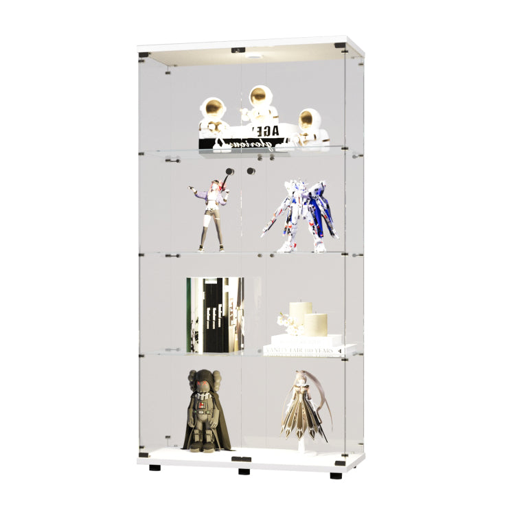 Two Door Led Lights Glass Display Cabinet 4 Shelves With Door, Floor Standing Curio Bookshelf For Living Room Bedroom Office, 64.7"*31.7"*14.3", White
