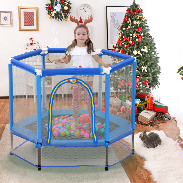 55'' Toddlers Trampoline With Safety Enclosure Net And Balls, Indoor Outdoor Mini Trampoline For Kids