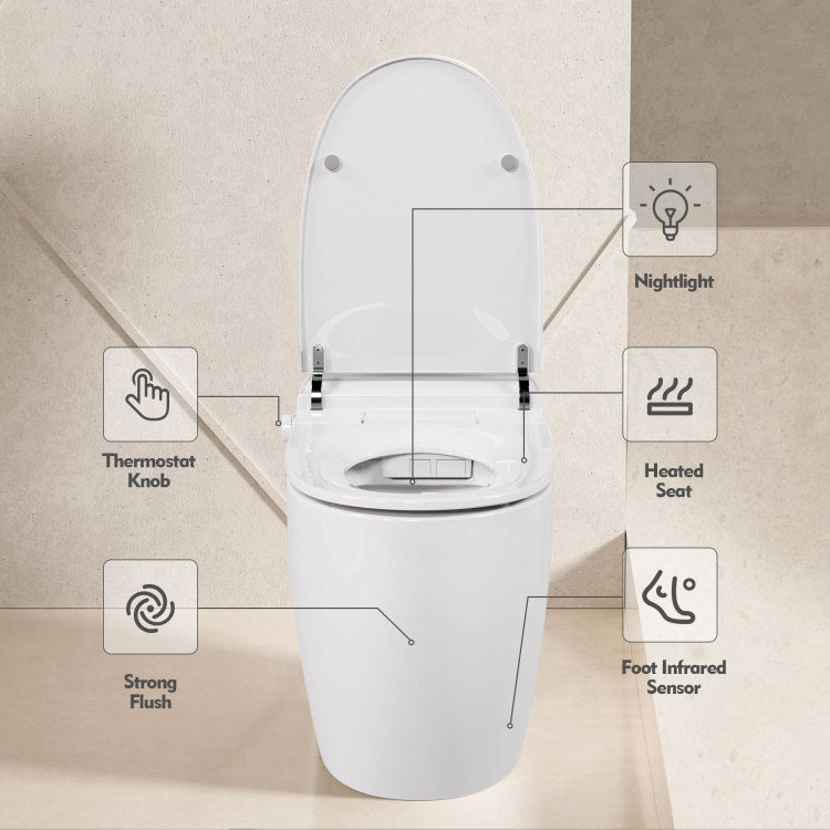 Heated Seat Smart Toilet, One Piece Toilet, Automatic Flush Tank Less Toilet Without Bidet, With Foot Sensor Flush, White Night Light, Knob Control, Power Outage Flushing, Soft Close Cover,White
